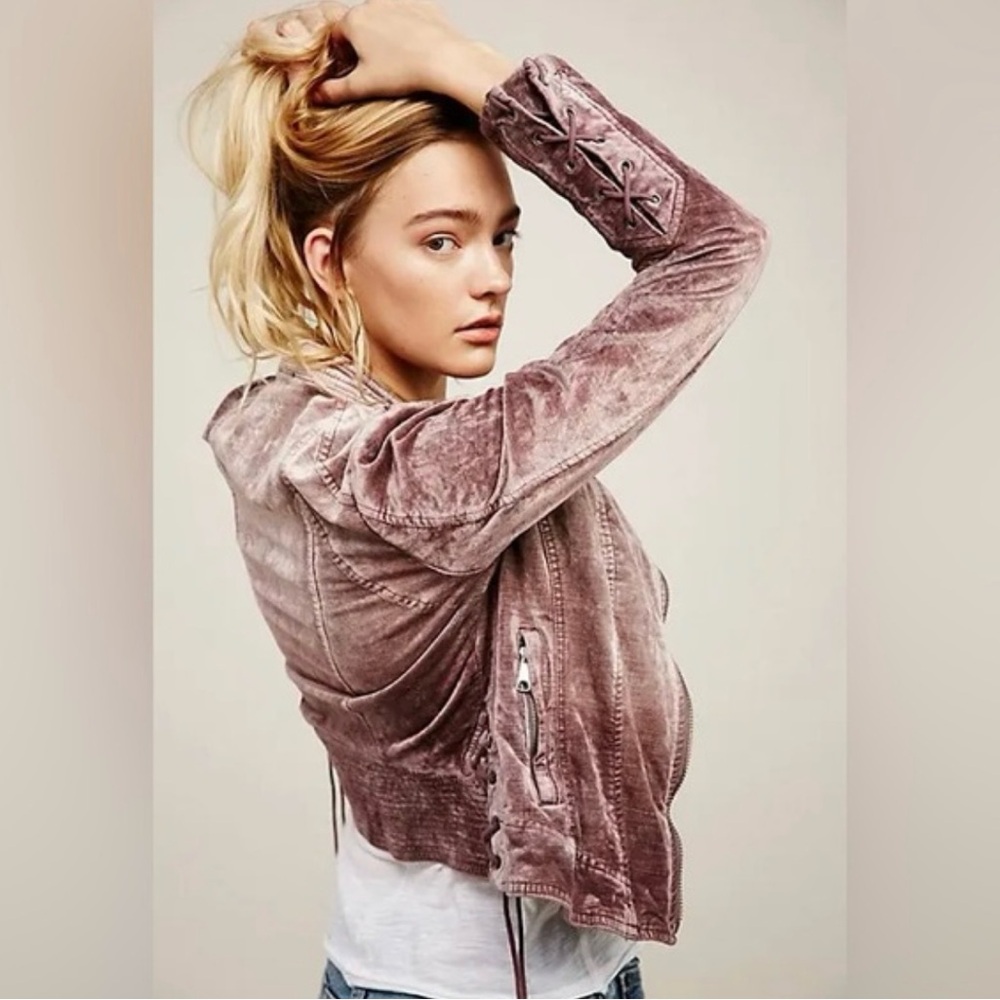Free People Crushed Velvet Purple Moto jacket with lace up details.Size Large - Picture 3 of 16